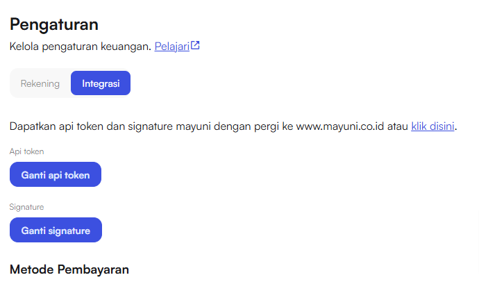 Halaman Pengaturan Integrasi