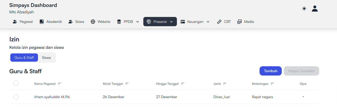 Halaman Presensi Guru&amp;Staff