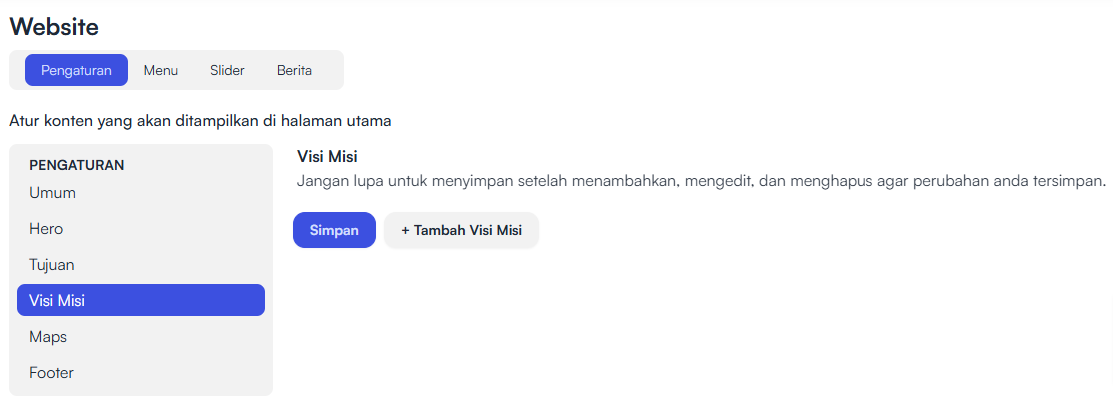 Halaman Pengaturan visi Misi