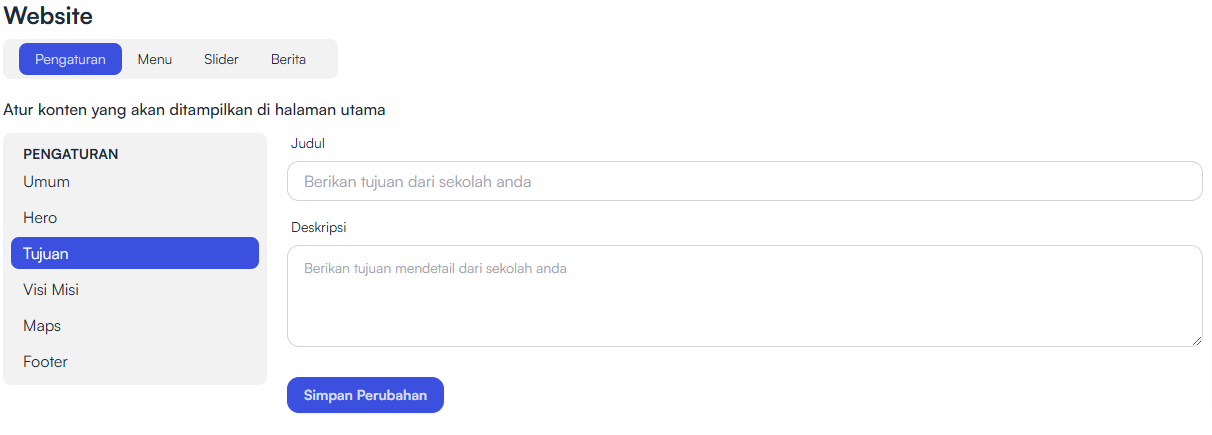 Halaman Pengaturan Tujuan